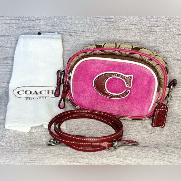 Coach Vintage Y2K Pink Suede, Signature Jacquard & Brown Leather Crossbody 7”x5” - Picture 7 of 17